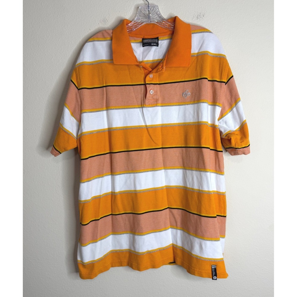 Southpole Polo Shirt Mens 3XL Orange White Striped Metallic Y2K Streetwear Top